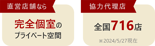 直営店舗なら完全個室のプライベート空間。協力代理店全国716店