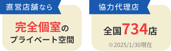 直営店舗なら完全個室のプライベート空間。協力代理店全国734店