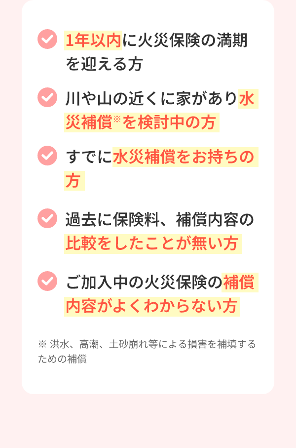 1年以内に火災保険の満期を迎える方 川や山の近くに家があり水災補償※を検討中の方 すでに水災補償をお持ちの方 過去に保険料、補償内容の比較をしたことが無い方 ご加入中の火災保険の補償内容がよくわからない方 ※ 洪水、高潮、土砂崩れ等による損害を補填するための補償